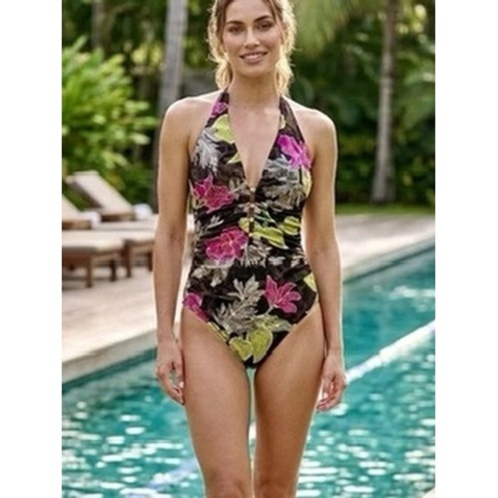 NWT Carmen Marc Valvo Swimsuit Womens Brown Pink Tropical Floral Halter 6 $142